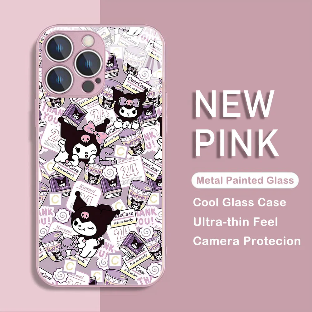 Kuromi-funda de teléfono de Color metálico para IPhone, carcasa dura de cristal para modelos X, XR, XS, 16, 15, 14, 13, 12 Mini, 11 Pro Max, 7, 8, SE, 20 Plus - imagen 5