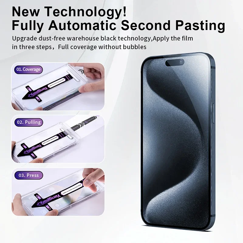 Yangpaly Protectores de pantalla HD de fácil instalación a prueba de polvo para iPhone 16 15 14 Plus 13 12 11 Pro Max X XS XR Película de vidrio templado - imagen 2