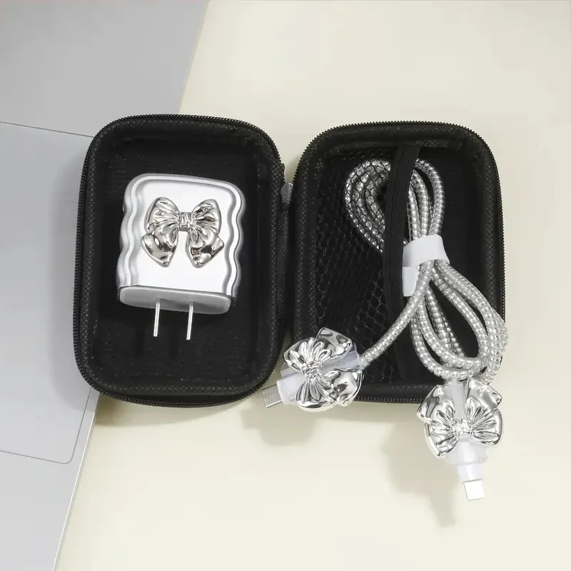 Conjunto de bolsa de almacenamiento EVA con lazo plateado 3D de lujo, funda de cargador para IPhone 11, 12, 13, 14, 18W-20W, funda protectora de carga - imagen 5