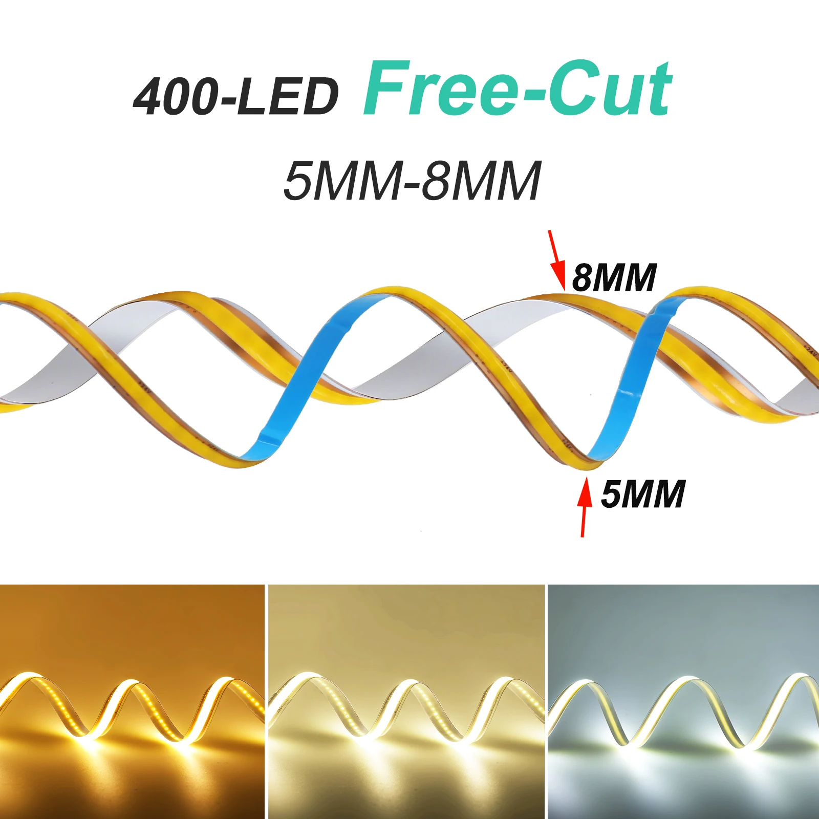 Tira de luces LED COB de corte libre DC12V 24V 5mm 8mm 400LEDs/m cinta de luz LED Flexible para habitación gabinete cocina 3000K 4000K 6000K 5M 10M 20M - imagen 3