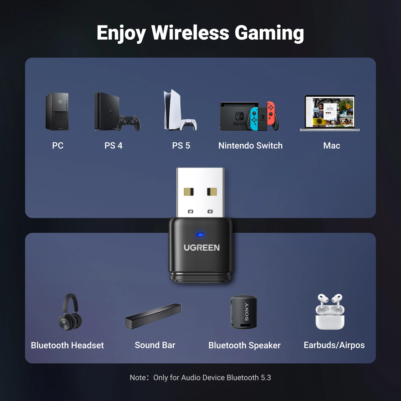 UGREEN Adaptador Bluetooth 5.3 aptX para PS5 Switch Auriculares - imagen 3