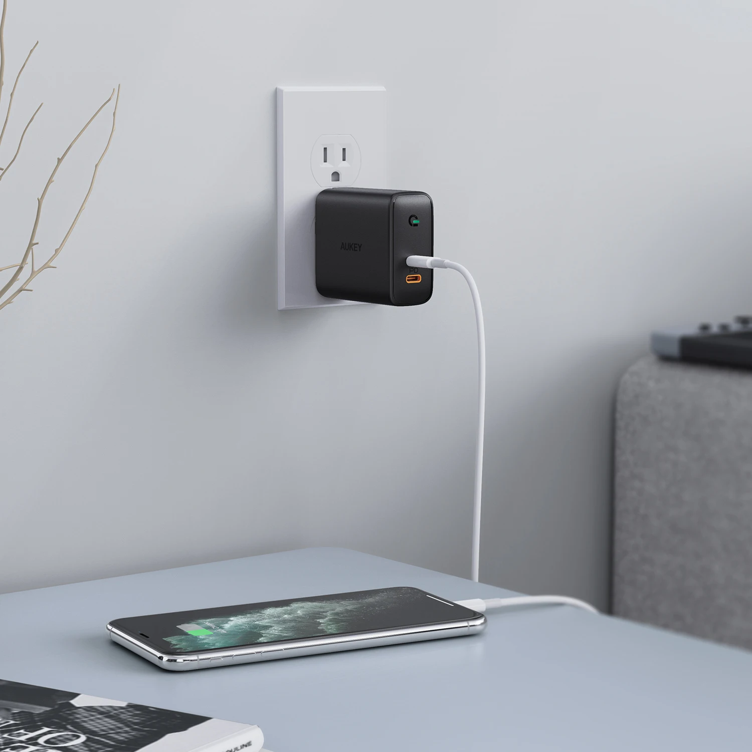 AUKEY-estación de carga rápida para teléfono inteligente y tableta, cargadores de pared PA-D2 de doble puerto, PD, enchufe europeo, 65W, USB-C - imagen 4