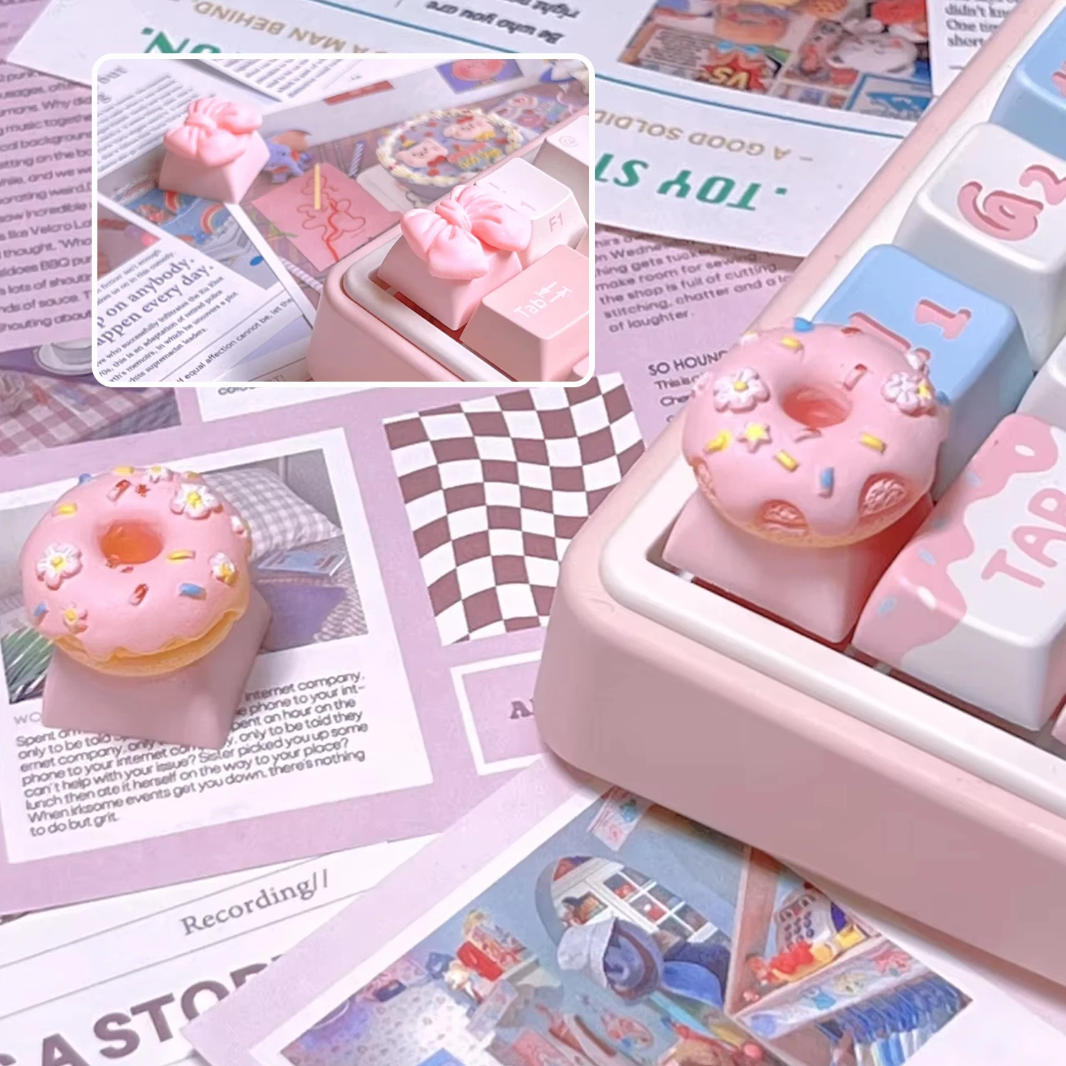 Teclas de lazo rosa, teclas de Donut de comida personalizadas, Teclado mecánico de eje transversal, juego Diy para niñas, teclas de corazón femeninas rosas bonitas