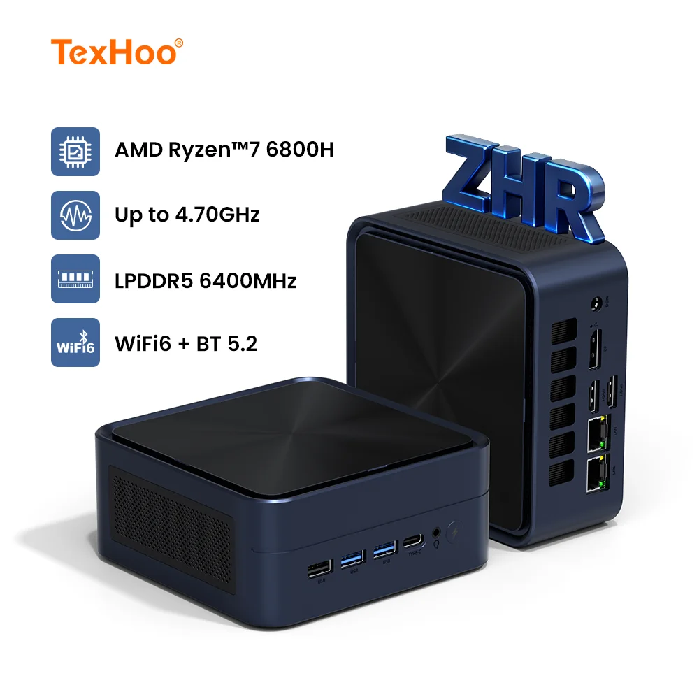 TexHoo ZHR Mini PC para juegos AMD Ryzen 7 6800H 6600U 16GB LPDDR5 M.2 NVMe PCIe 4.0 SSD Dual LAN Mini escritorio de 4 pantallas - imagen 2