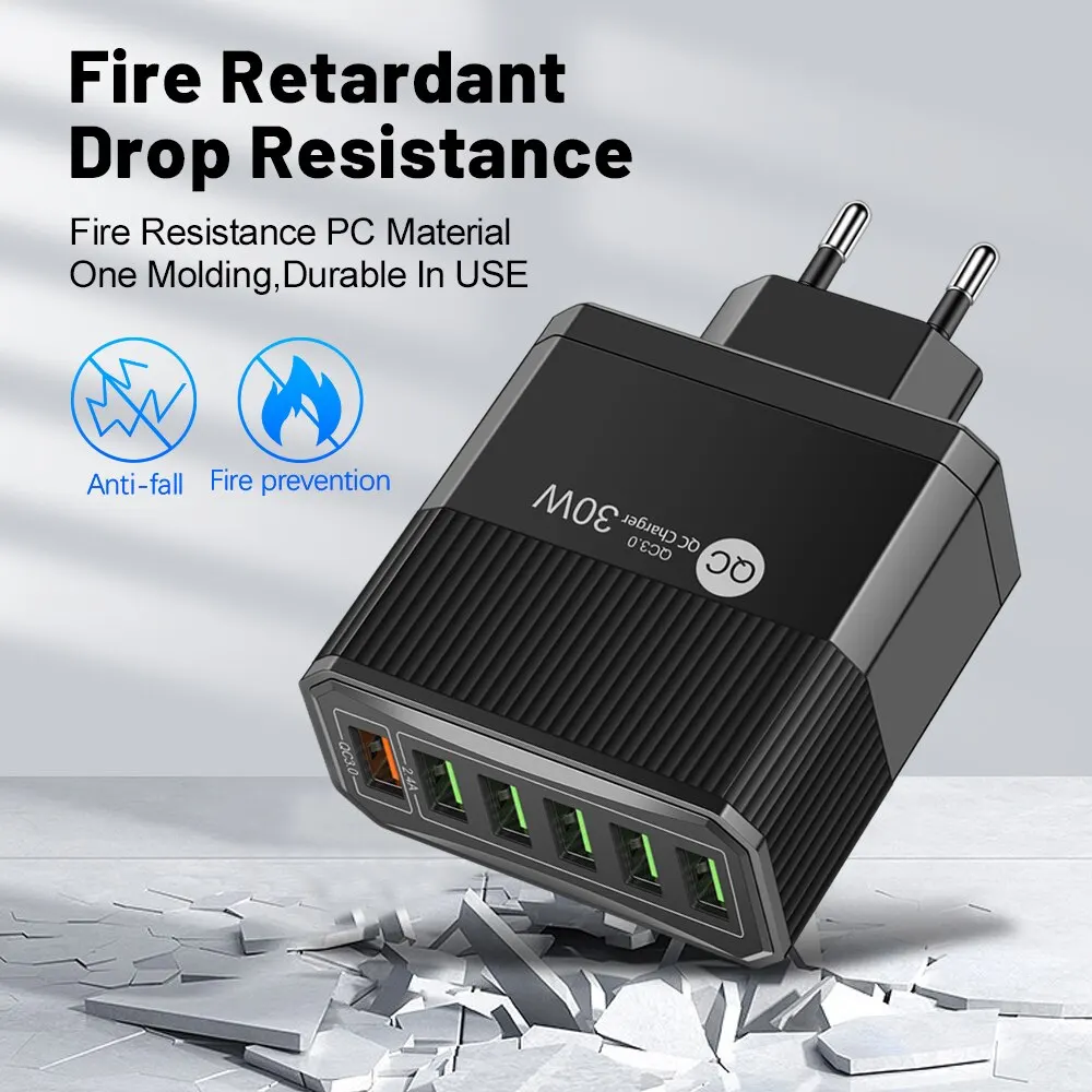 Cargador USB de carga rápida para teléfono, adaptador de viaje QC3.0 de 30W, 6 puertos, para iPhone, Xiaomi, Samsung, enchufe EU/KR - imagen 3