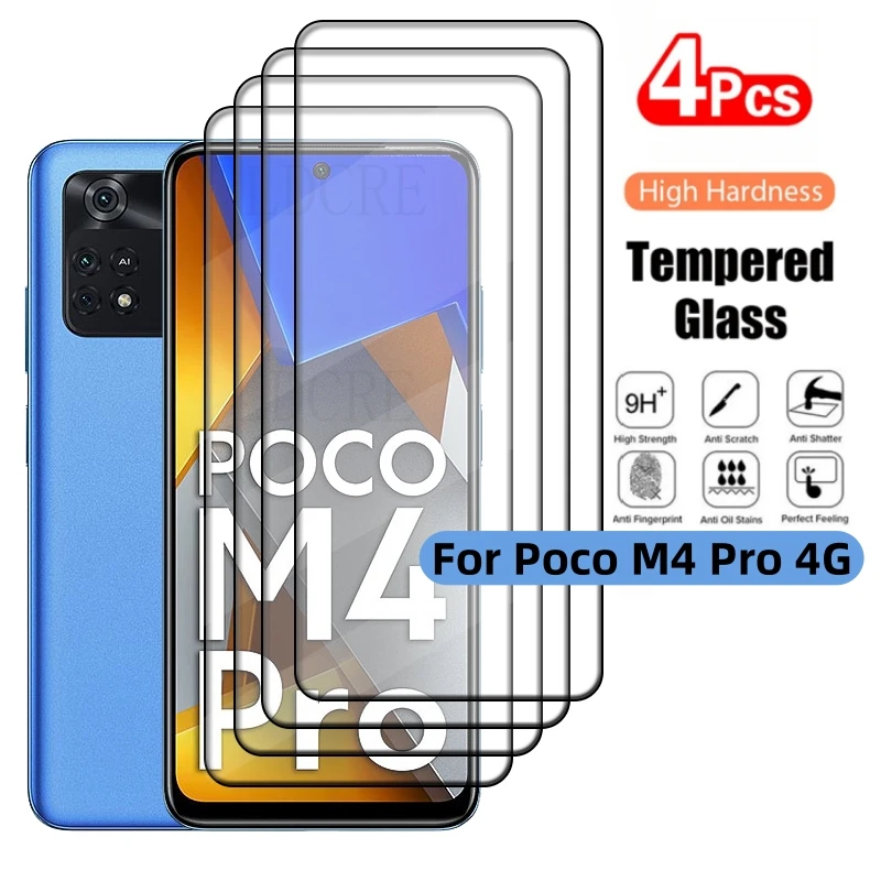 Protector de pantalla de vidrio templado para Poco M4 Pro, pegamento de cubierta completa, 9H, HD, 4G, 4 unidades - imagen 2