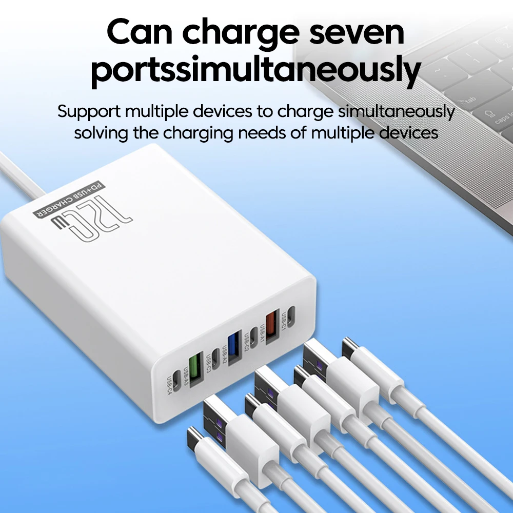 Total 120W cargador USB PD de 7 puertos 3USB-A + 4USB-C múltiples puertos adaptador móvil de carga rápida para iPhone Huawei Ipad Samsung - imagen 2