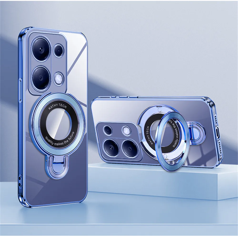 Funda con soporte magnético chapado transparente de lujo para Xiaomi Poco X6 Pro X3 NFC X5 F6 M6 Pro C65 C75 F3 F4 funda con soporte de silicona