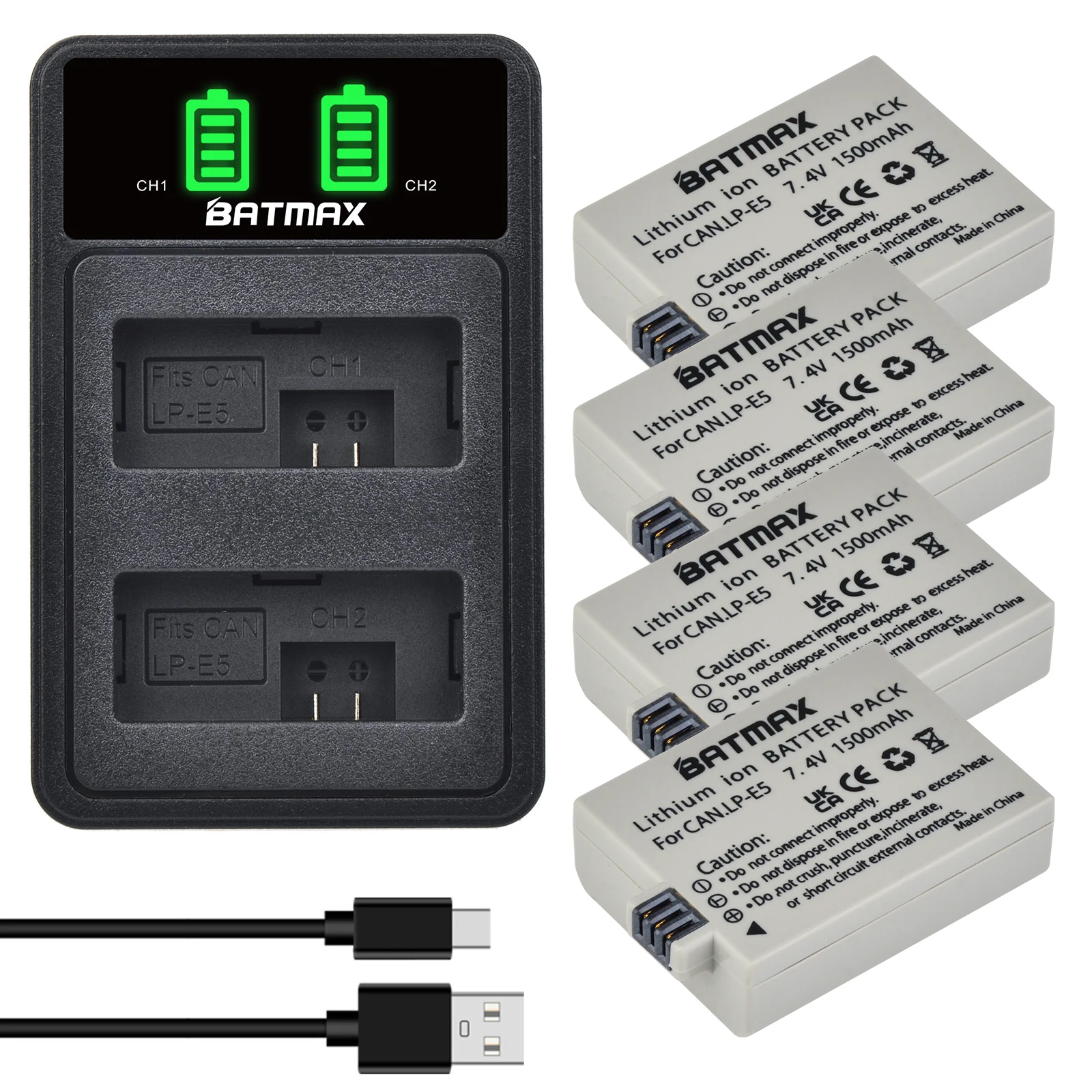 Batmax-Batería de LP-E5 para cámara, cargador Dual LED de 1500mAh para Canon 450D 500D 1000D Kiss X2 X3 F Rebel XS XSi T1i