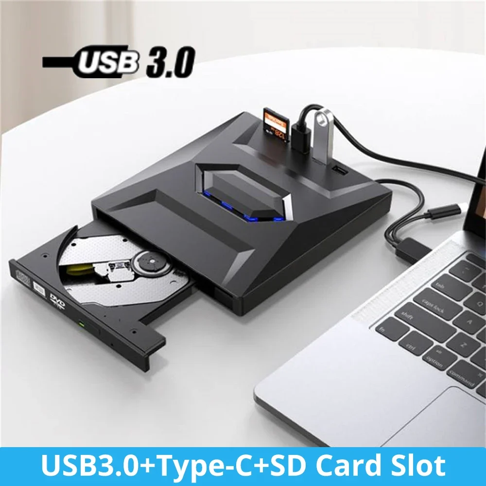USB3.0 TIPO 3 en 1 Unidad móvil externa multifunción Grabador de CD DVD, tarjeta SD, reproductor de disco U Velocidad de lectura CD Rom 24X CD-RW