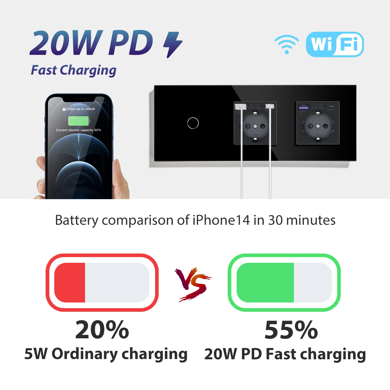 BSEED 1/2/3Gang Wifi interruptores táctiles de pared interruptor inteligente de 2/3 vías con 20W tipo C USB enchufe de la UE compatible con Tuya Smart Life Google Alexa - imagen 4