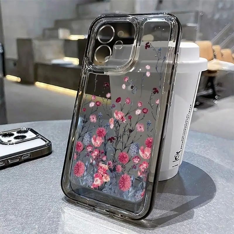 Funda con borde de flores para iPhone 16Pro 17 15 14 13 12 Pro Max, carcasa protectora de pantalla a prueba de golpes