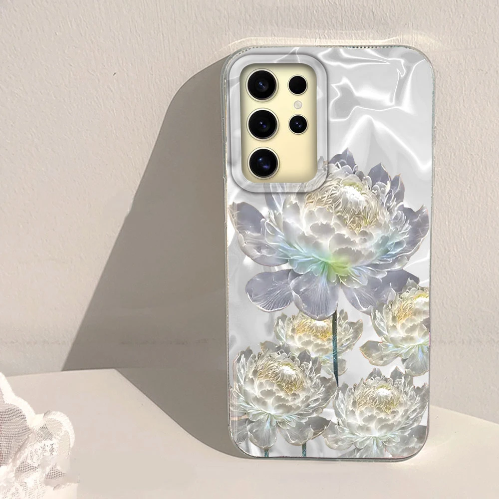 Funda de teléfono con textura de agua y estampado de loto y peonía blanca para Samsung Galaxy S25 edge S24 S23 S22 S21 FE Plus Ultra TPU - imagen 4