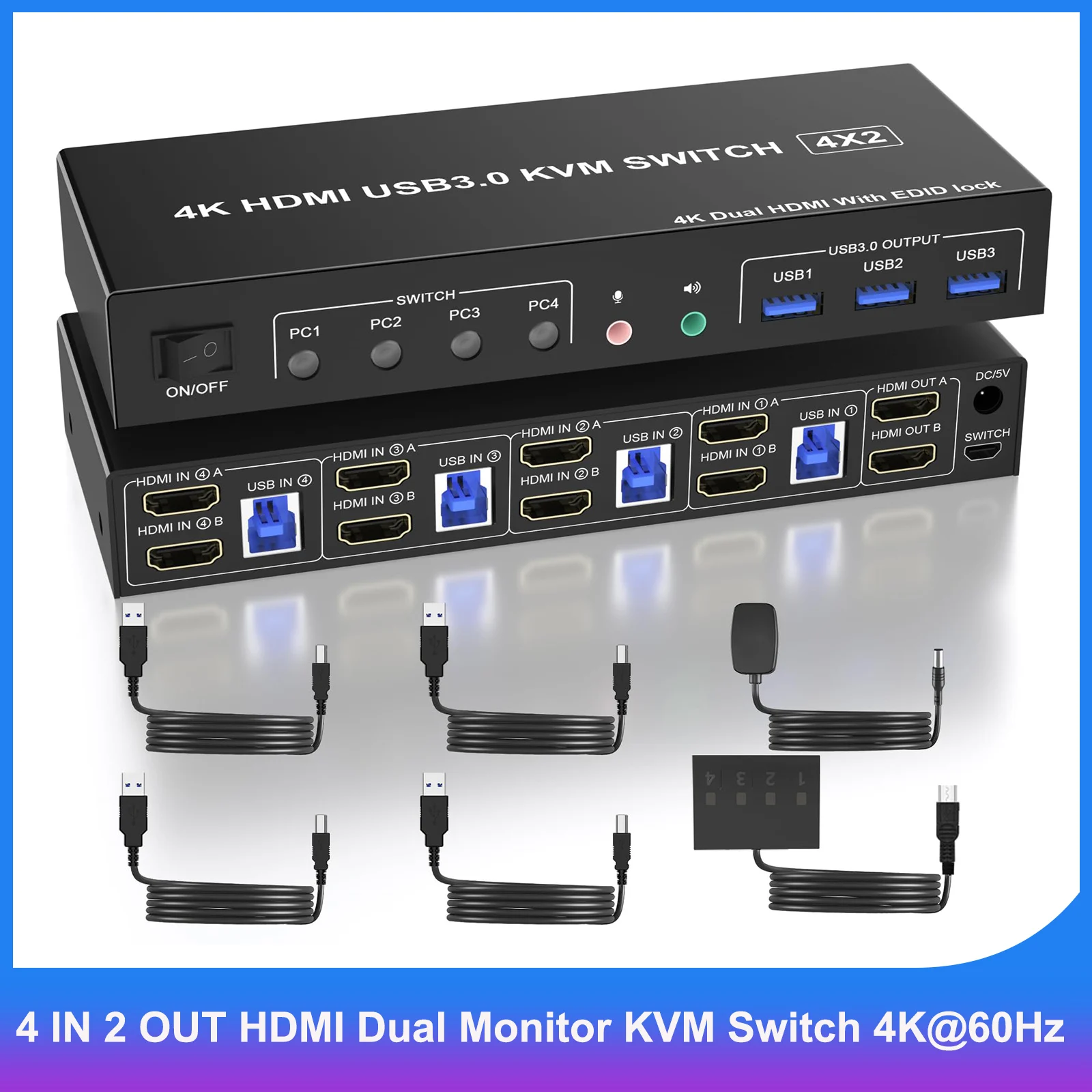 Conmutador KVM de Monitor Dual HDMI de 4 entradas y 2 salidas, compatible con EDID, conmutador KVM HDMI de 4K a 60 Hz con 3 puertos USB3.0 para 4 unidades para teclado y ratón