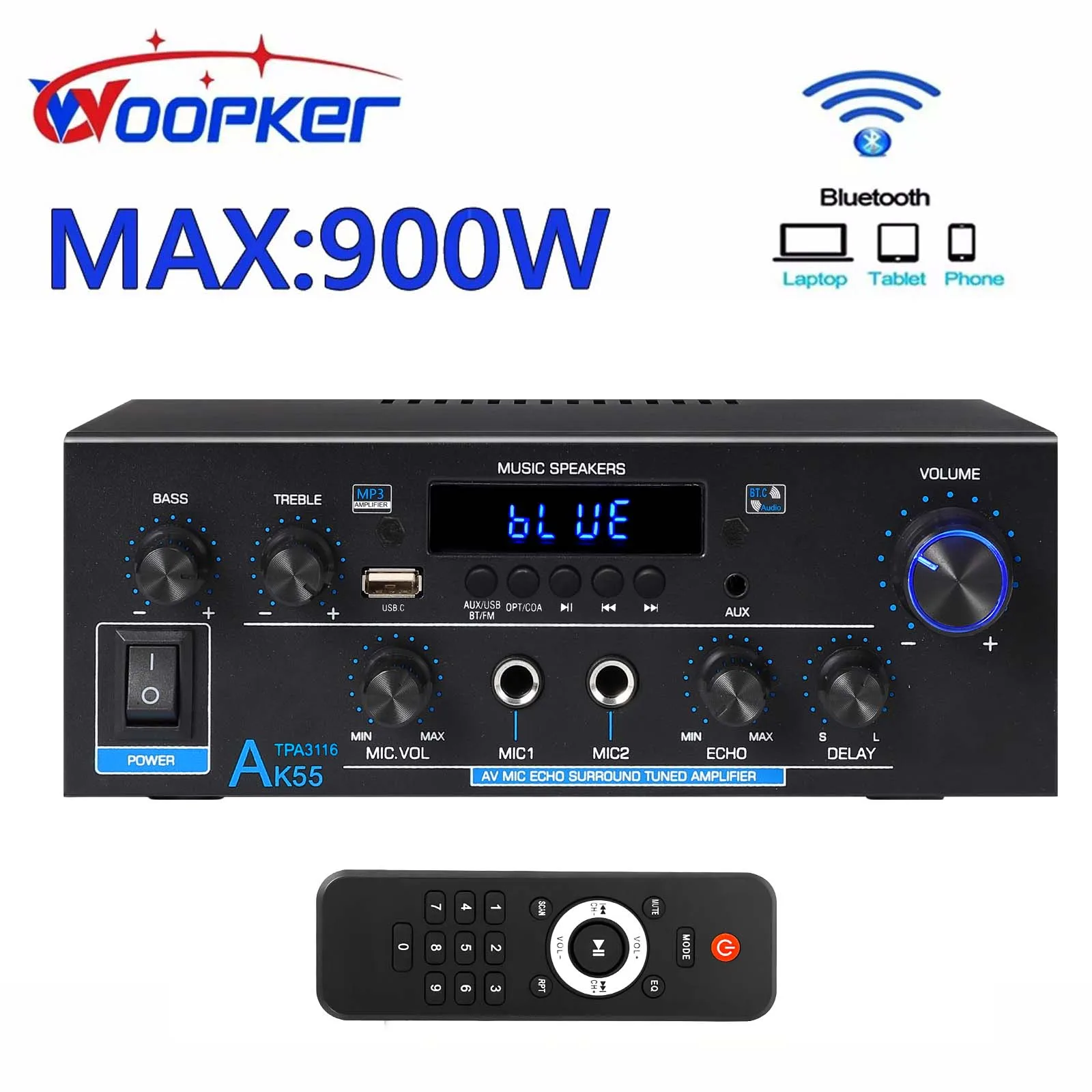 Woopker amplificador de Audio profesional AK55 HiFi Bluetooth 5,1 potencia máxima 900W compatible con sonido envolvente de graves y FM adecuado para el hogar y el coche