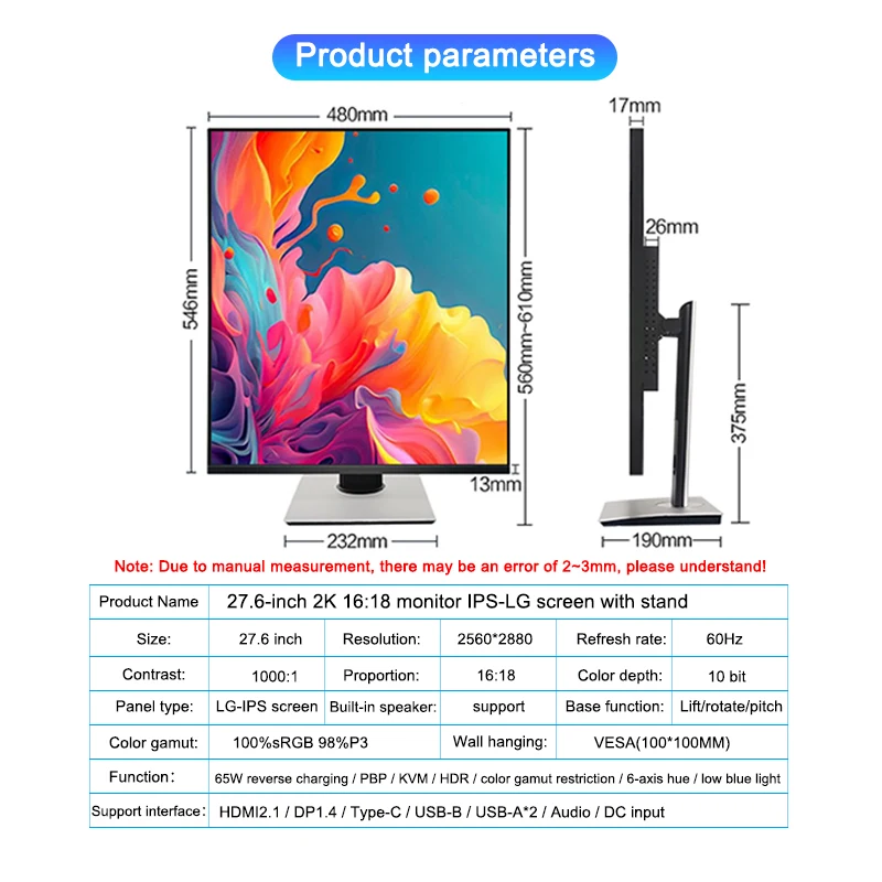 Pantalla cuadrada de 27,6 pulgadas, 2K, 2560x2880, 60Hz, 16:18, LG-IPS, 4 lados, bisel ultraestrecho - imagen 3