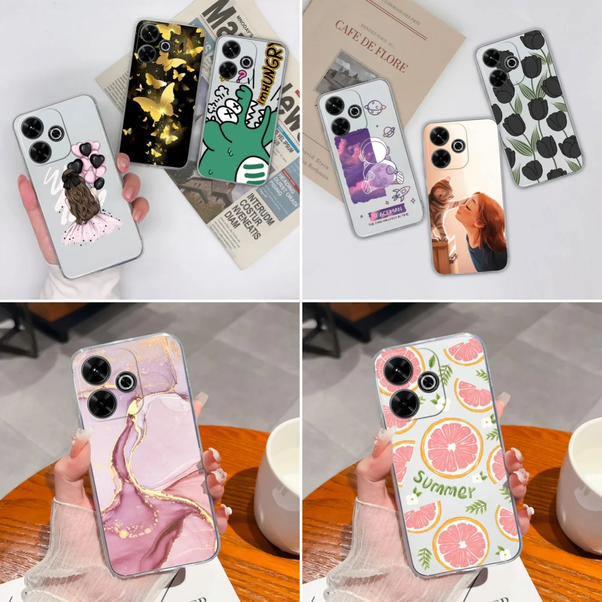 Funda de teléfono para Redmi 13 4G transparente lindo patrón de flores suave TPU silicona a prueba de golpes carcasa trasera para Redmi13 Funda Capa