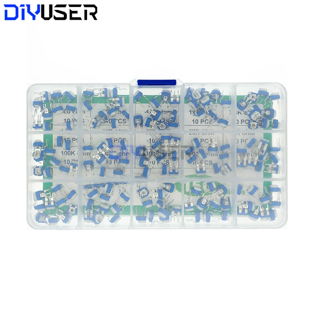 Kit de potenciómetro de recorte RM065, 150 Uds., surtido de resistencias variables de 15 valores con caja para reparación electrónica DIY - imagen 4