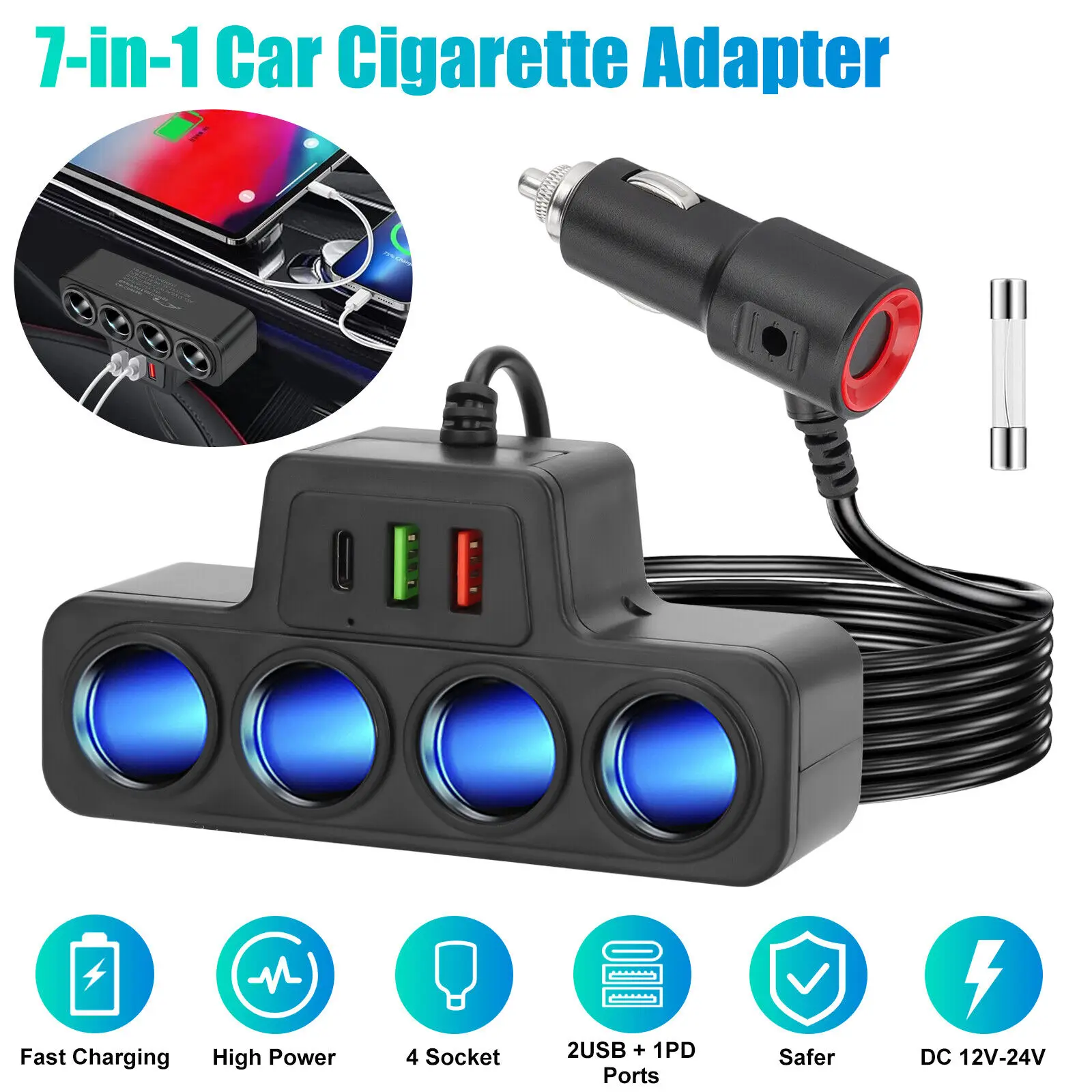 Adaptador de cargador de coche 7 en 1, 120W, PD, 4 enchufes, divisor de encendedor de cigarrillos, Cargador rápido, adaptador de corriente, cc 12-24V, accesorios para automóviles
