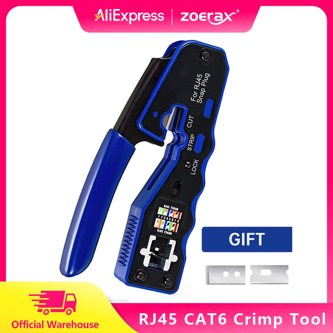 Herramienta de prensado ZOERAX RJ45 Cat6, engarzadora de paso con función de corte y pelado de cables, incluida hoja de repuesto