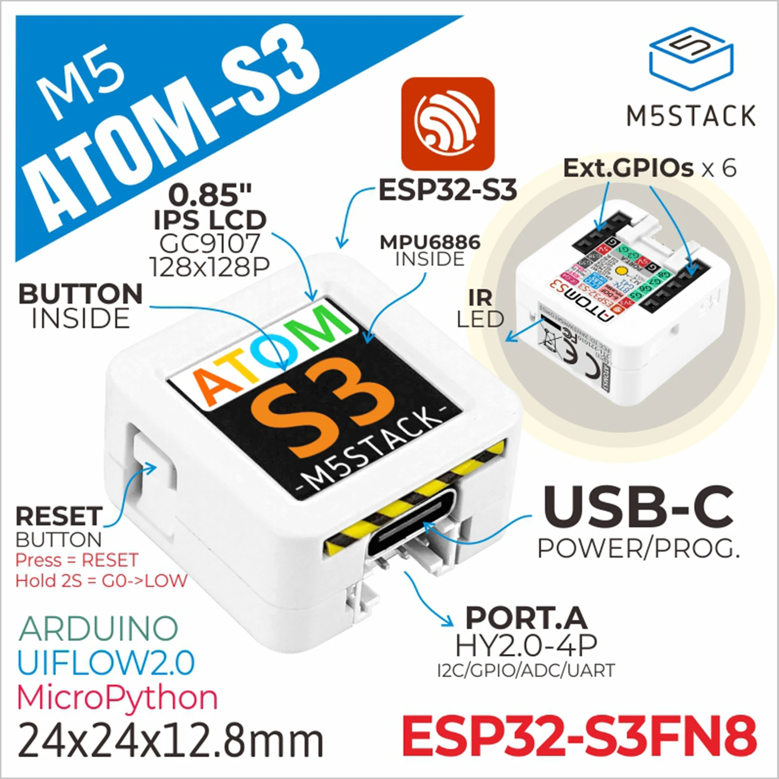 Kit de desarrollo oficial de IoT ATOMS3 ESP32 M5Stack con pantalla de 0,85 pulgadas - imagen 2