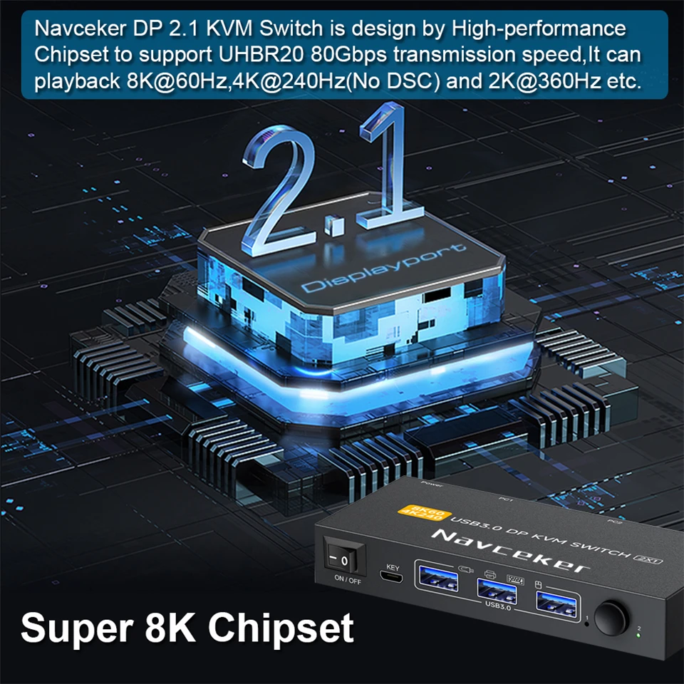 Navceker 4K 240Hz DP 2.1 KVM Switch 2 PC 8K USB 3.0 Displayport KVM Switch 2 en 1 salida Pantalla 1 Monitor 2 Computadora - imagen 5