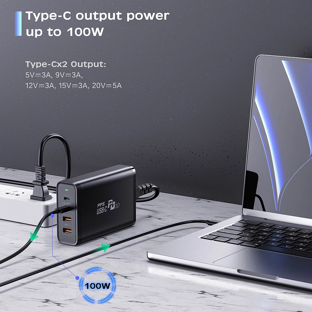 245W USB C Power Adapter 4 Ports GaN Desktop Charging Station PD100W PPS45W Fast Charger for MacBook iPhone 15 Samsung S23 Ultra - imagen 3