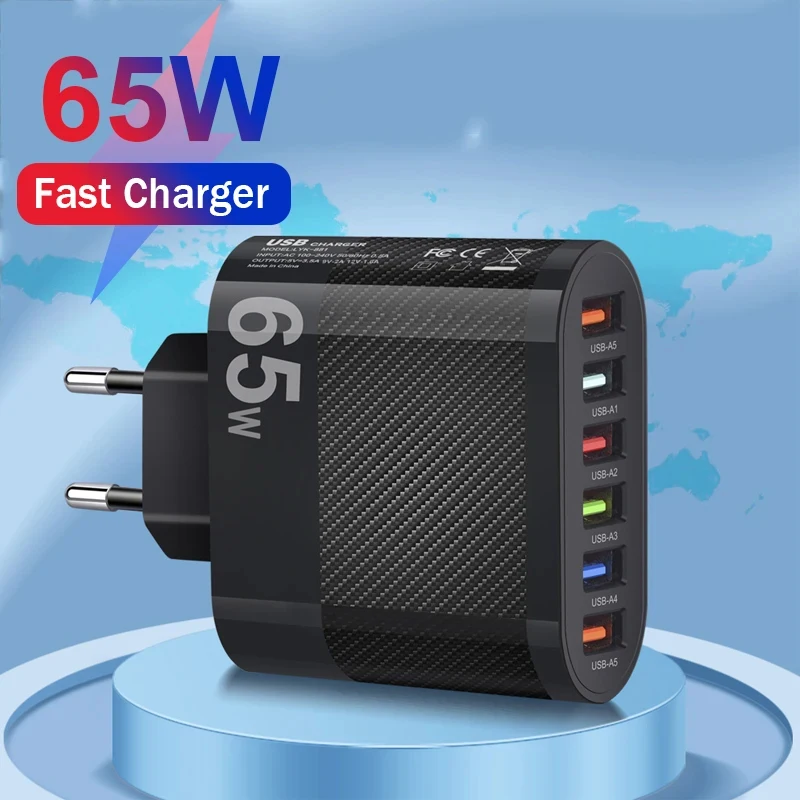 48W USB 6 puertos de carga rápida adaptador de teléfono móvil tipo C cargador para IPhone 14 13 Pro Xiaomi Samsung Oneplus QC 3,5 carga de pared