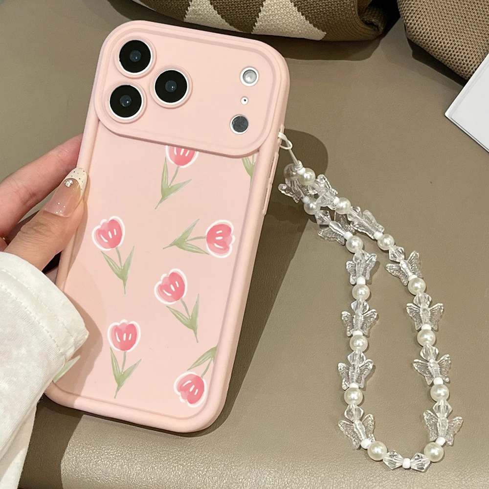Funda de teléfono con diseño de flores de tulipán rosa para iPhone 17 16 15 14 13 12 11 Pro Max 16e 17Air X XR XS Max 7 8 Plus con funda con cordón - imagen 3