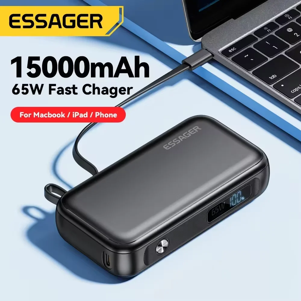 Essager Power Bank portátil de 15000mAh con Cable USB C, paquete de batería de repuesto externa para iPhone, iPad, Macbook, cargador rápido de 65W