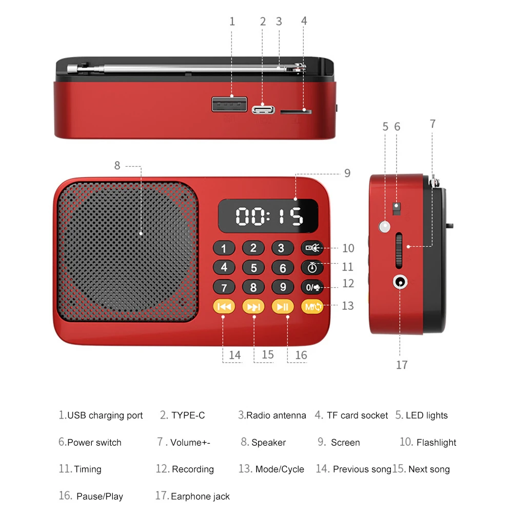 Radio portátil Bluetooth 5,0, Radio recargable con linterna, altavoz inalámbrico Bluetooth, compatible con dispositivo de grabación de expansión TF - imagen 2