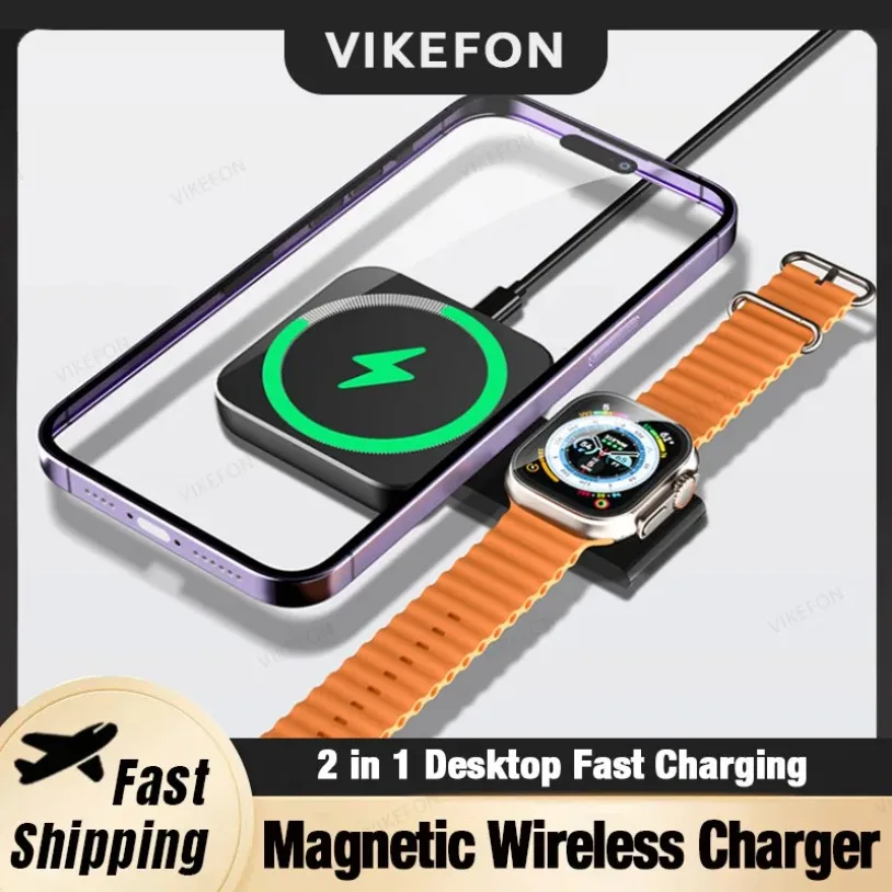 Cargador inalámbrico magnético plegable portátil 2 en 1 para Magsafe iPhone 16-12 Samsung Xiaomi Apple Watch 9-2 Airpods carga rápida