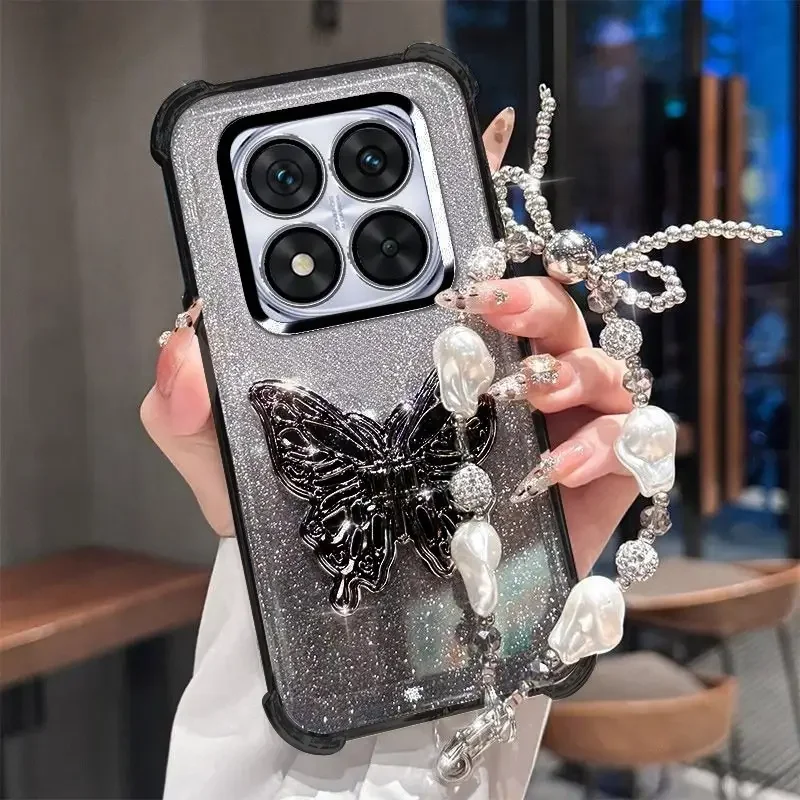Funda de teléfono con soporte de mariposa y pulsera de perlas para Xiaomi Redmi Note 12 Pro 11S 10S 9S 12 11 10 9 Pro, funda suave a prueba de golpes con purpurina - imagen 5