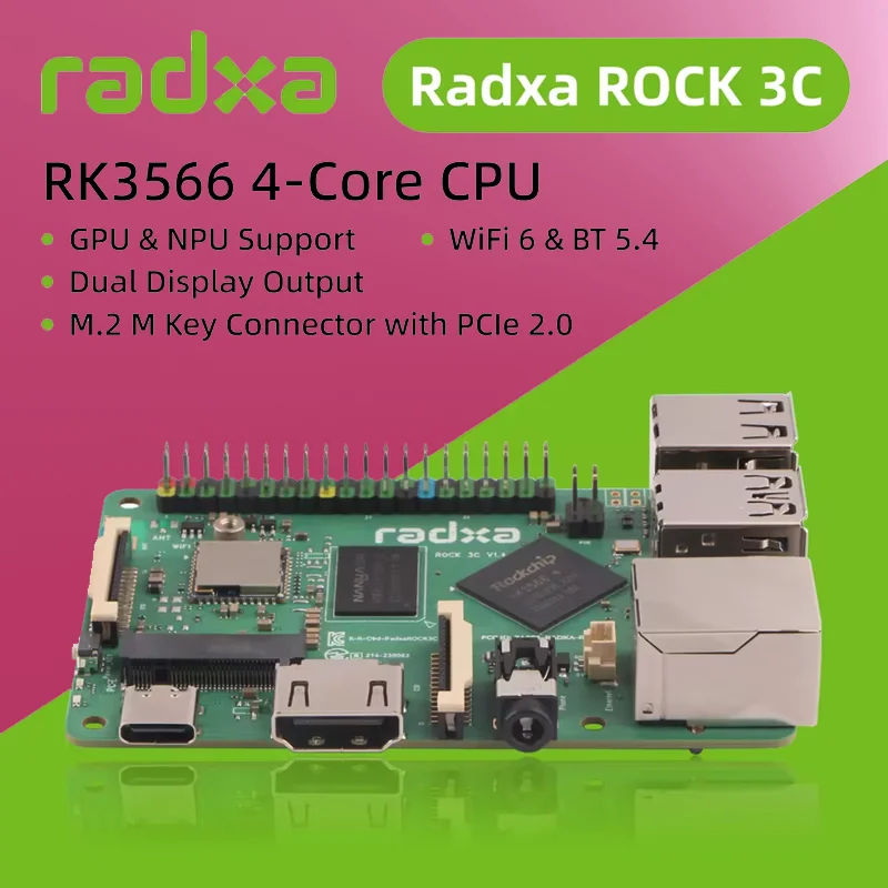 RADXA Rock Pi 3C RK3566 Placa Cortex A55 de cuatro núcleos 32 bits 3200 Mb/s LPDDR4 compatible con reemplazo Raspberry Pi