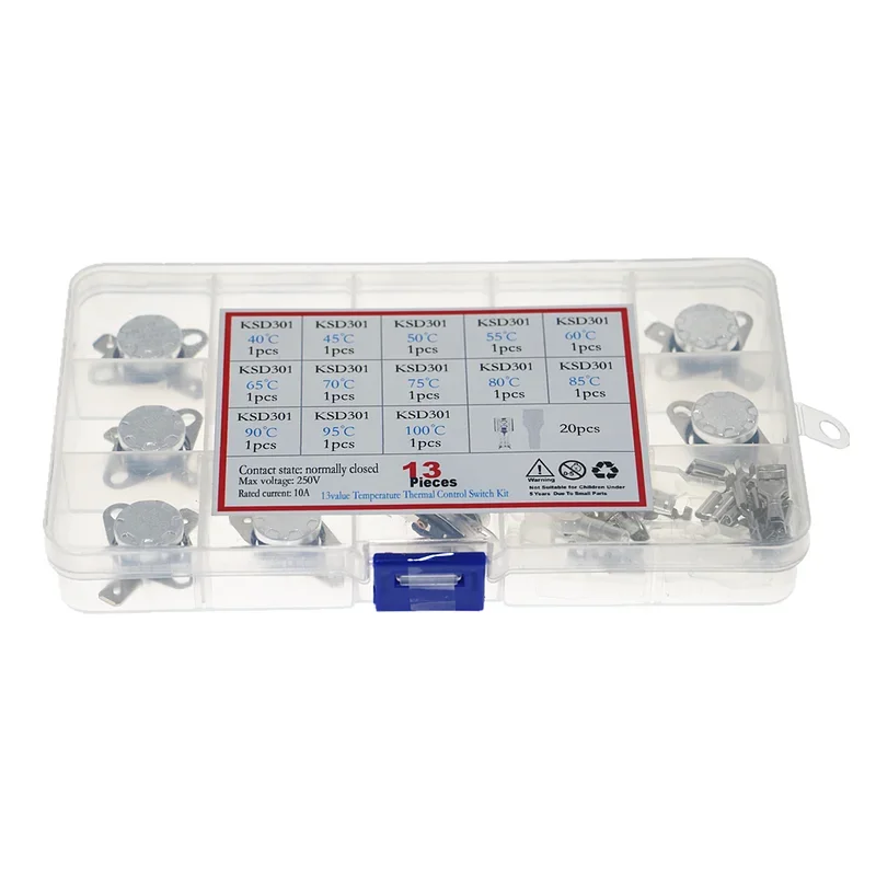Termostato 13 Uds 10A KSD301 40 ° C- ° Kit surtido de interruptor de control térmico de temperatura C normalmente cerrado