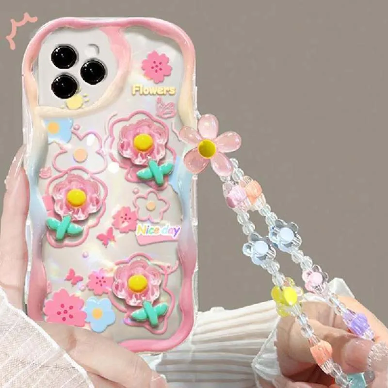 Funda con cordón de conejo 3D para Xiaomi, carcasa transparente con cadena de flores, estilo coreano, para modelos Poco F6 Pro, M6, X3, M3, X5, F4, X3GT, 12T Lite