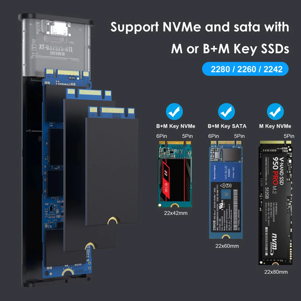 Carcasa de SSD M2 NVME, carcasa SATA de protocolo Dual M.2 a USB tipo C 3,1, adaptador para caja SSD 2230/2242/2260/2280 M.2, 10gbps - imagen 4