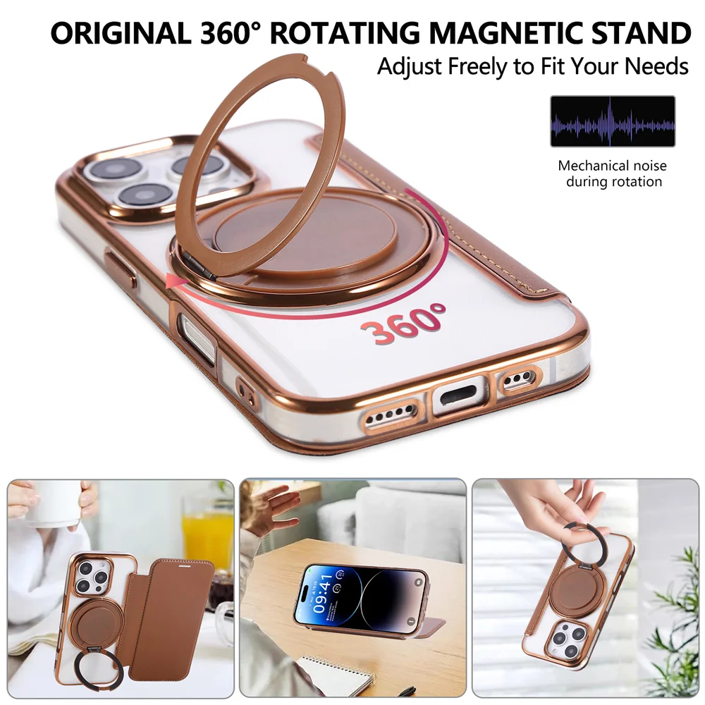 Funda de cuero con tapa y soporte plegable giratorio para iPhone 15, 16, 17 Pro Max, 16E, 14, 13, 12, funda transparente Magsafe - imagen 5