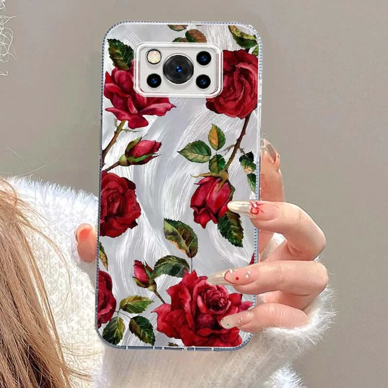 Funda de rosas rojas a la moda para Xiaomi Poco X3 X5 X6 X7 M3 M4 M5S M6 F5 F3 C65 C55 C75 Pro NFC textura de plumas funda de teléfono - imagen 4