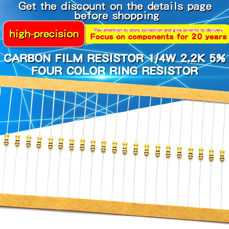 100pcs 1/4W Carbon Film Resistor 100Ω~220KΩ 5% Resistance 100 120 300 330 1K 1.5K 2.2K 3.3K 10K  20K 100K 150K 220K Ohm