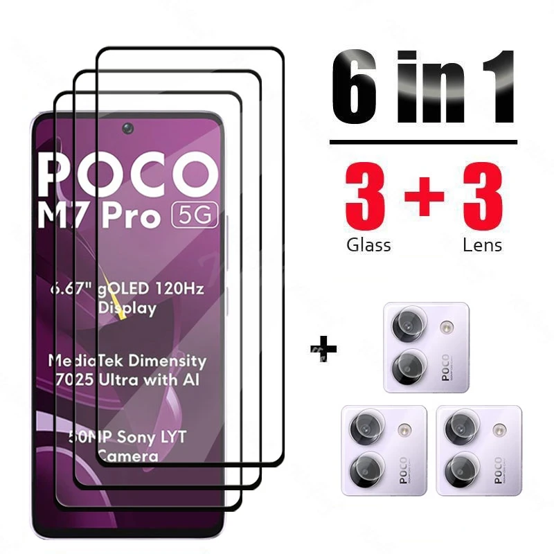 6 en 1 para Xiaomi POCO M7 Pro vidrio templado POCO M7 Pro 5G Protector de pantalla de vidrio película de cámara POCO M7 Pro película templada