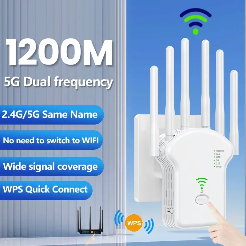 Repetidor WiFi inalámbrico de 1200Mbps, repetidor de señal WiFi de doble banda, extensor WiFi 2,4G 5G, antena, amplificador de red, enrutador WPS