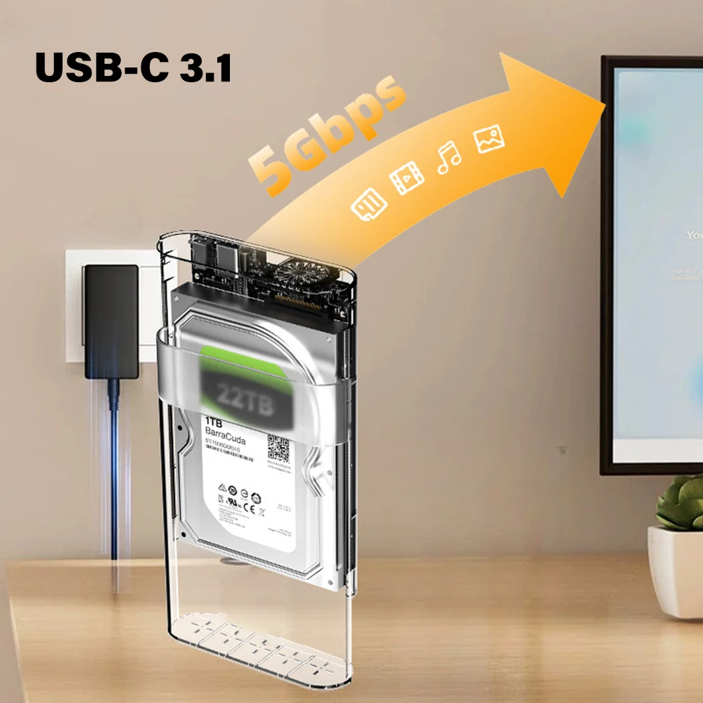 Caja de disco duro SATA USB 3,0 a 2,5 y 3,5 pulgadas con ventilador, luz RGB, lector SSD externo, caja HDD, compatible con carcasa de 22TB para ordenadores portátiles - imagen 5