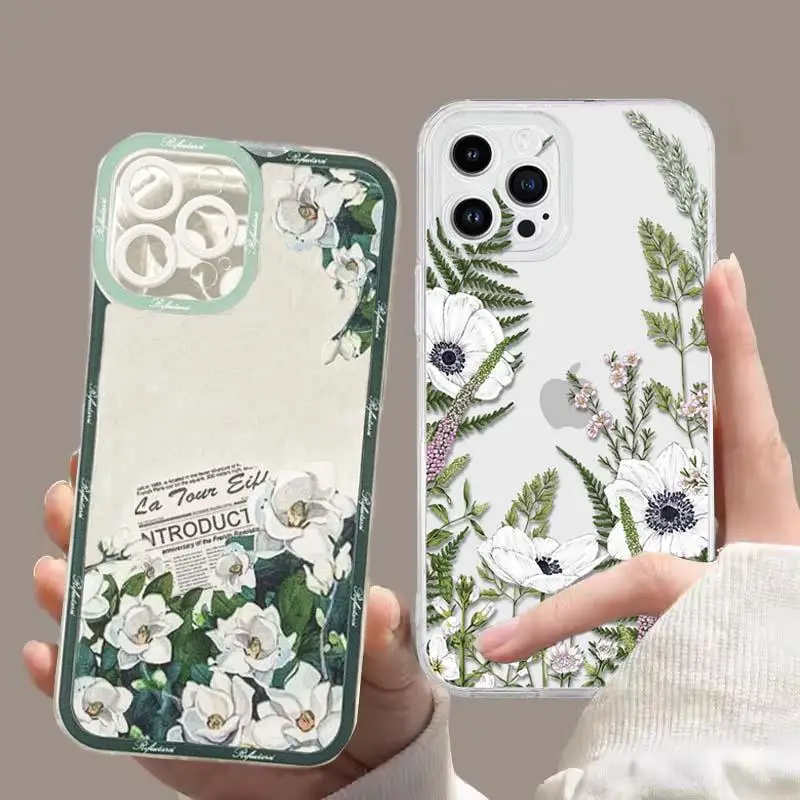 Funda Floral de flores verdes para Iphone 15 Pro Max 11 14 13 12 Mini 6s 6 7 8 Plus X XS XR, Funda de silicona suave transparente