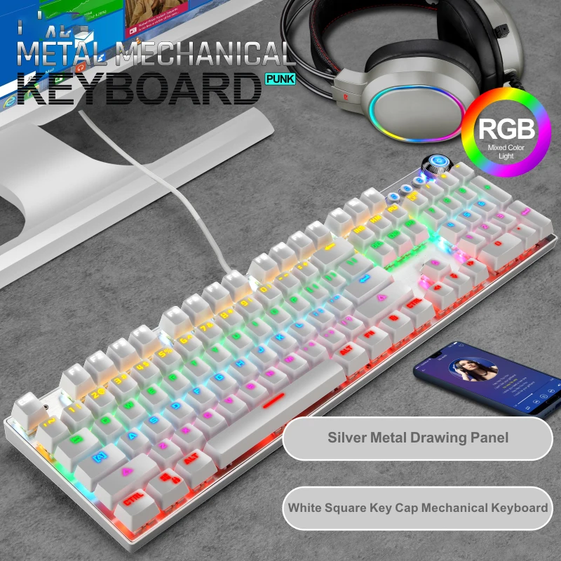 Teclado redondo Punk de 104 teclas con interruptor azul, teclado de ordenador blanco, Cable USB RGB con cable negro, Teclado mecánico para juegos 100% para PC - imagen 4