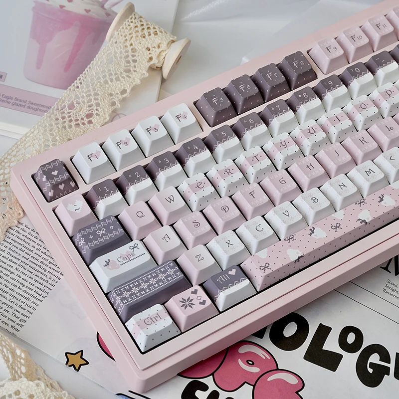 Teclas con tema de conejito de fresa rosa, perfil de cereza, sublimación térmica PBT, bonito lazo de conejo, teclado de lunares para niñas