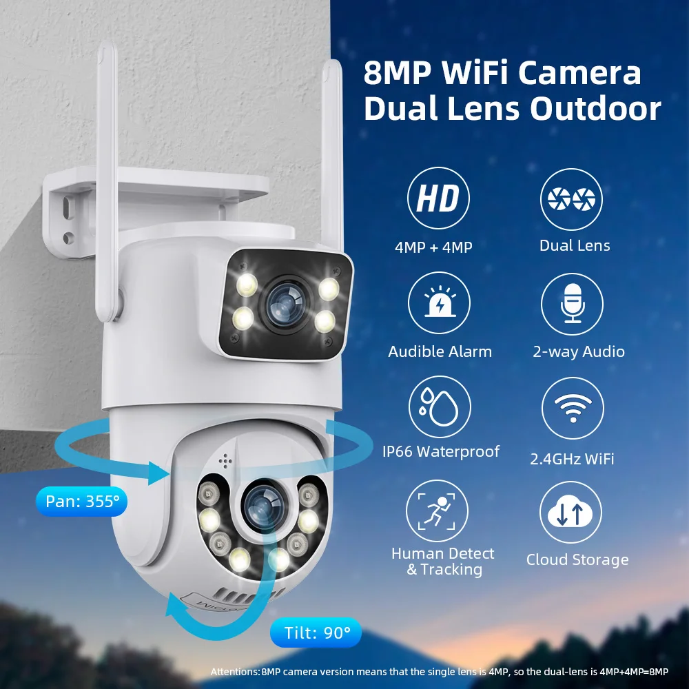 Mini lente Dual pantalla Dual 4K 8MP PTZ WIFI cámara HD IP al aire libre seguimiento automático protección de seguridad vigilancia CCTV ICSee - imagen 3