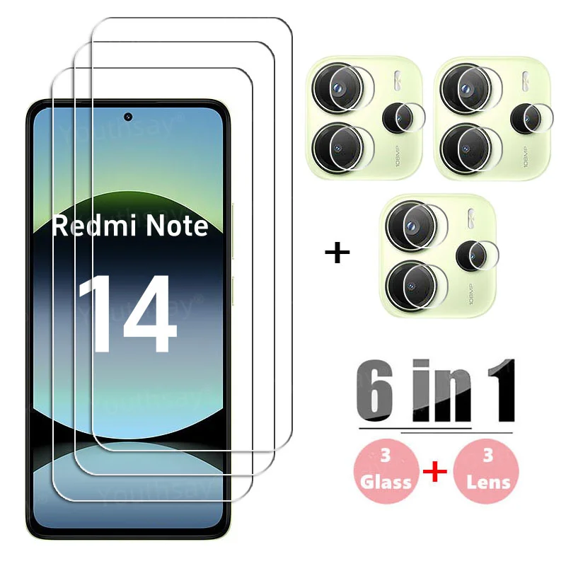 Vidrio Gule completo para Xiaomi Redmi Note 14 4G vidrio templado Redmi Note 14 Protector de pantalla lente de cámara película Redmi Note 14