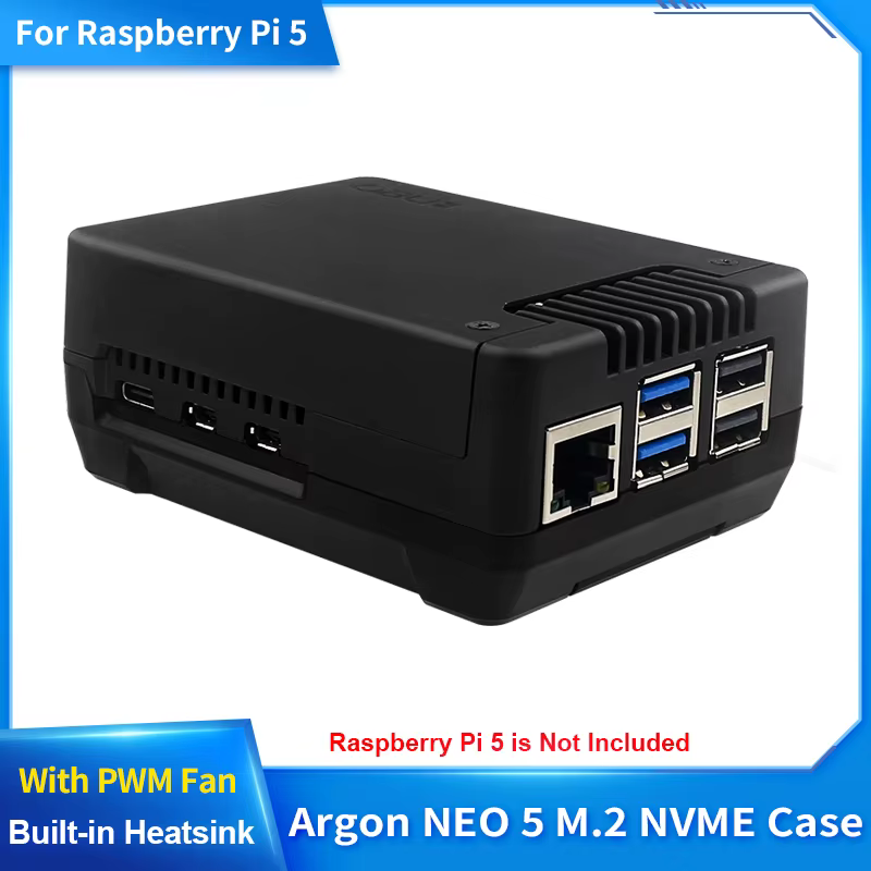 Argon NEO 5 M.2 NVME PCIE carcasa para Raspberry Pi 5 disipador de calor incorporado con ventilador PWM para arranque Raspberry Pi 5 de una unidad NVME M.2