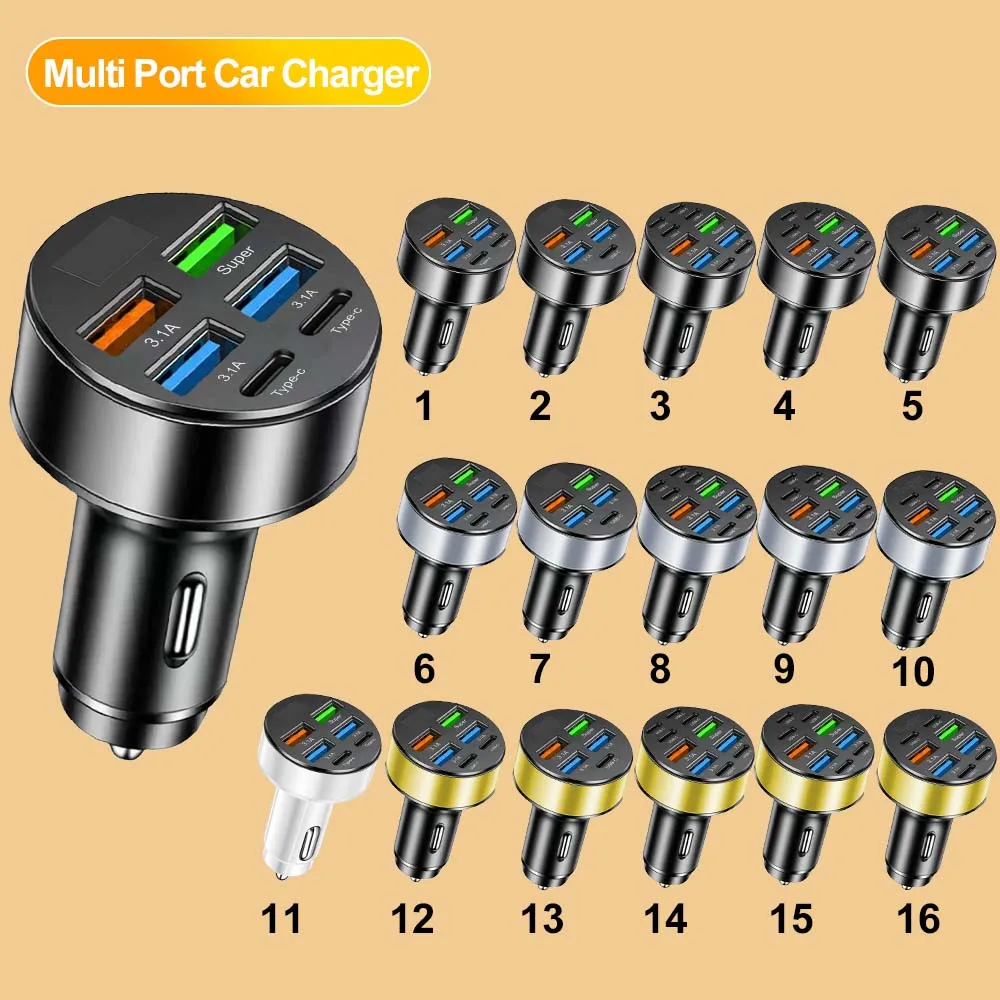 Cargador de coche de 100W, 6/10 puertos, carga rápida PD QC3.0, USB C, adaptador tipo C para iPhone, Xiaomi, Samsung, Huawe